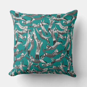 cat party teal blue throw pillow