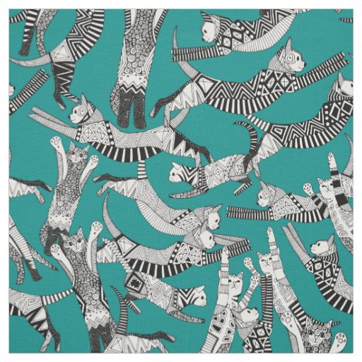 cat party teal fabric