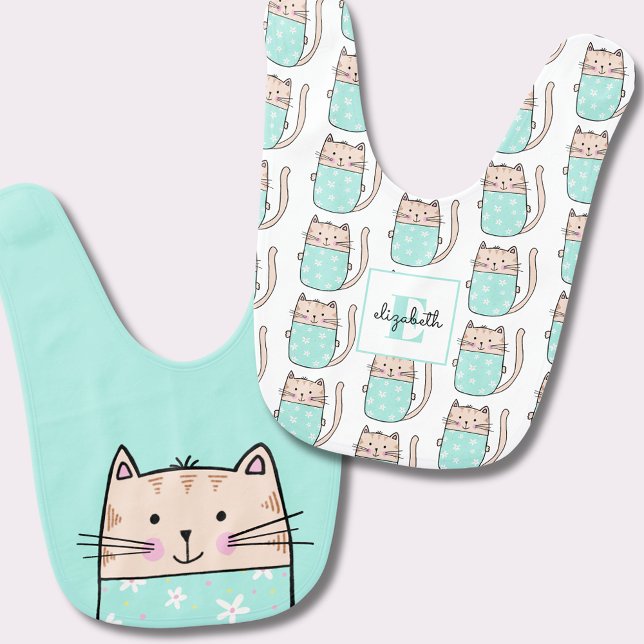 Cat Pattern Baby Girl Baby Bib (Cut cat illustrated baby bib. Baby gifts for newborns and baby showers.)