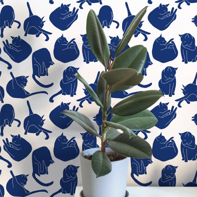 Cat Pattern Blue and White Wallpaper (Navy indigo blue and white cat wallpaper)