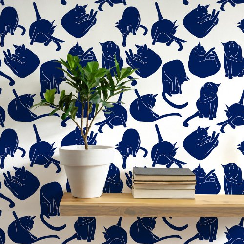 Cat Pattern Blue and White Wallpaper