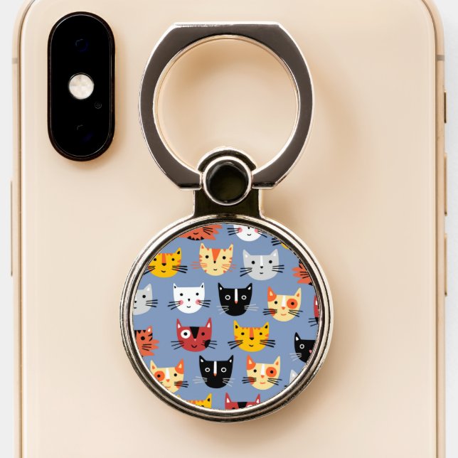 Cat Pattern Blue Phone Ring Stand (Close Up)