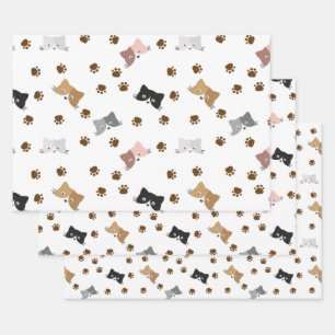 Cat Pattern, Kitty Faces & Paw Prints Wrapping Paper Sheets