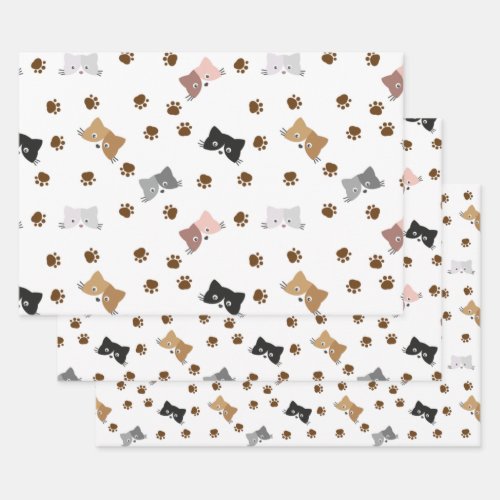 Cat Pattern Kitty Faces  Paw Prints Wrapping Paper Sheets
