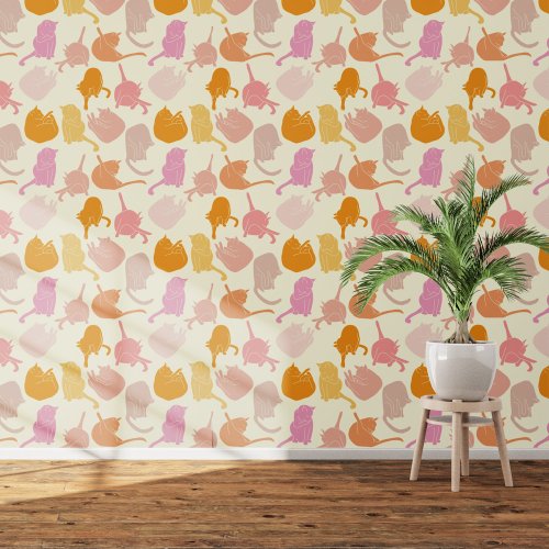 Cat Pattern Pink Cream Orange Wallpaper