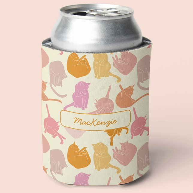 Cat Pattern Pink Orange Personalized Can Cooler (Creator Uploaded)