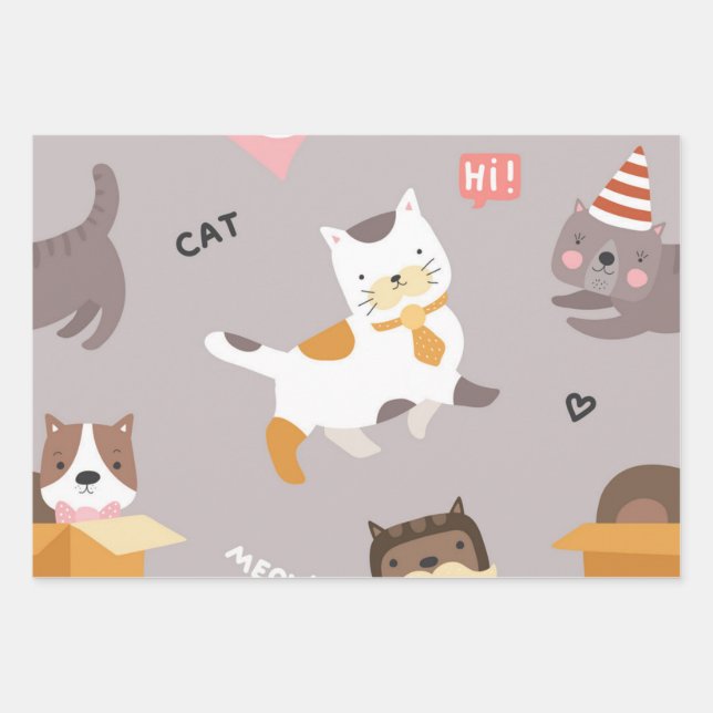 Cat pattern wrapping paper sheets (Front)