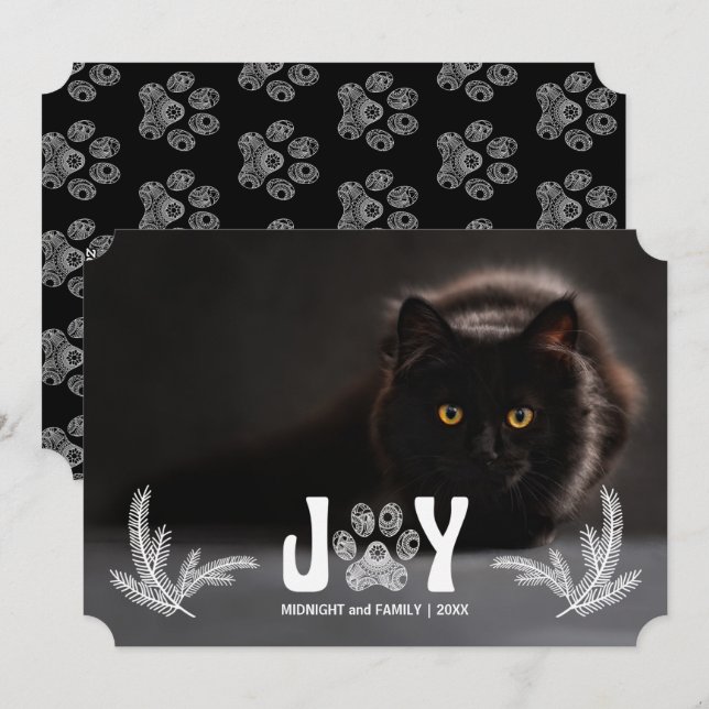 Cat Paw and Pines Pet Lover Horizontal Photo Holiday Card (Front/Back)
