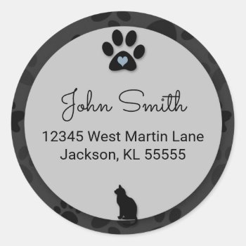 Cat Paw Black With Gray And Blue For Address Classic Round Sticker by PAWSitivelyPETs at Zazzle