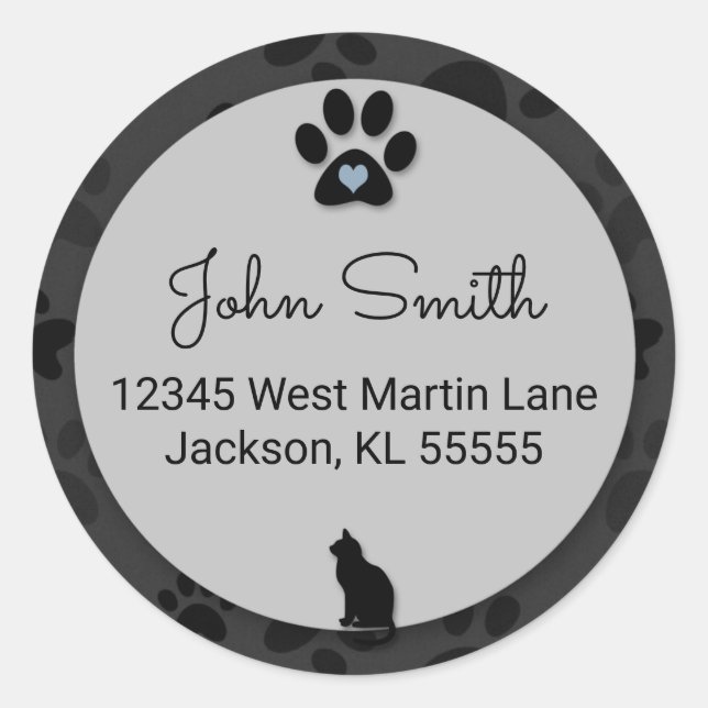 Cat Paw Black with Gray and Blue for Address Classic Round Sticker (Front)