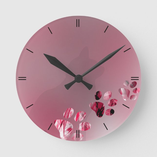 Cat Paw Clean Pink Round Clock (Front)