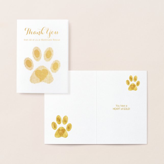 Cat Paw Heart of Gold Thank You Custom Text Foil Card (Display)