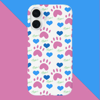 Cat Paw Hearts Meow Blue Pink Green iPhone 16 Case