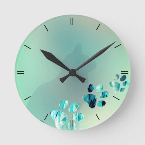 Cat Paw Light Blue Teal Round Clock