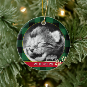 Cat Paw Print, Buffalo Plaid, baby Kitten Photo Ceramic Ornament