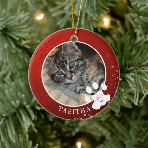 Cat Paw Print Christmas Red Snowflake Stars Photo Ceramic Ornament