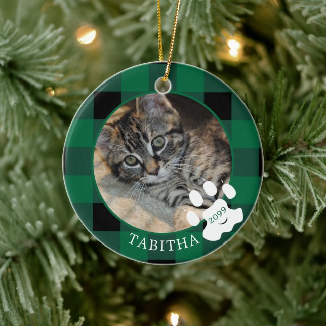 Cat Paw Print Green Buffalo Plaid Photo Ceramic Ornament (Tree)