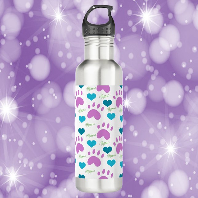 Cat Paw Print Heart Meow Pattern Stainless Steel Water Bottle (A water bottle with a pattern of cat paw prints, hearts and the word meow.)