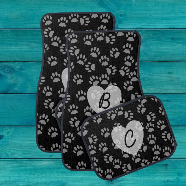 Cat Paw Print Heart Monogram Car Floor Mat (Cute paw prints car mat set of 4 with a heart monogram. We love our black cats!)