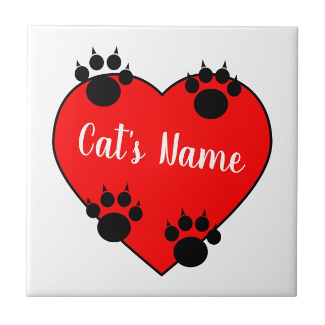 Cat Paw Print Love With Custom Name Ceramic Tile (Front)