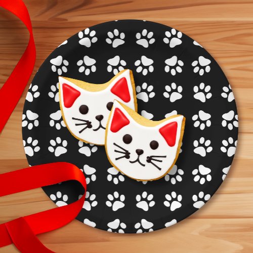 Cat Paw Print Pattern Black and White Birthday Paper Plates