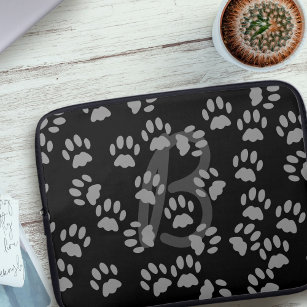 Cat Paw Print Pattern Monogrammed Black and Gray Laptop Sleeve