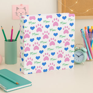 Cat Paw Print Pattern with Hearts Meow Text Pink  3 Ring Binder