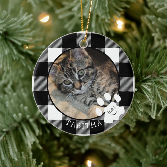 Cat Paw Print Rustic Black Buffalo Plaid Photo Ceramic Ornament (Tree)