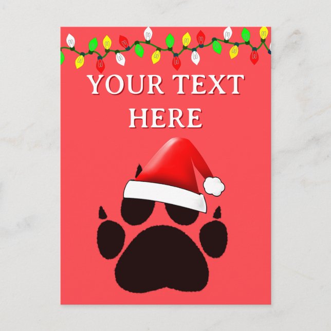 Cat Paw Print Santa Hat Christmas Lights Holiday Postcard (Front)
