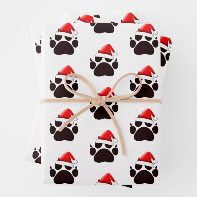 Cat Paw Print Santa Hat Christmas Wrapping Paper Sheets (In situ)