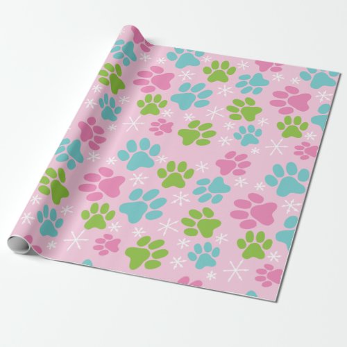 Cat Paw Prints and Snowflakes Pink Christmas Wrapping Paper