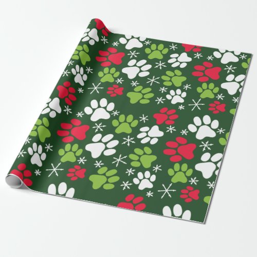Cat Paw Prints and Snowflakes Red Green Christmas Wrapping Paper