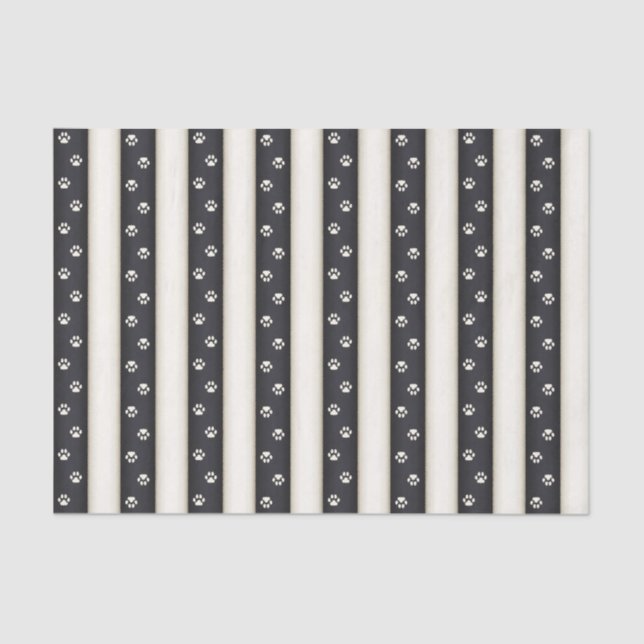 Cat Paw Prints Black & Antique White Stripes Tissue Paper (Front)