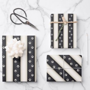 Cat Paw Prints Black & Antique White Stripes Wrapping Paper Sheets
