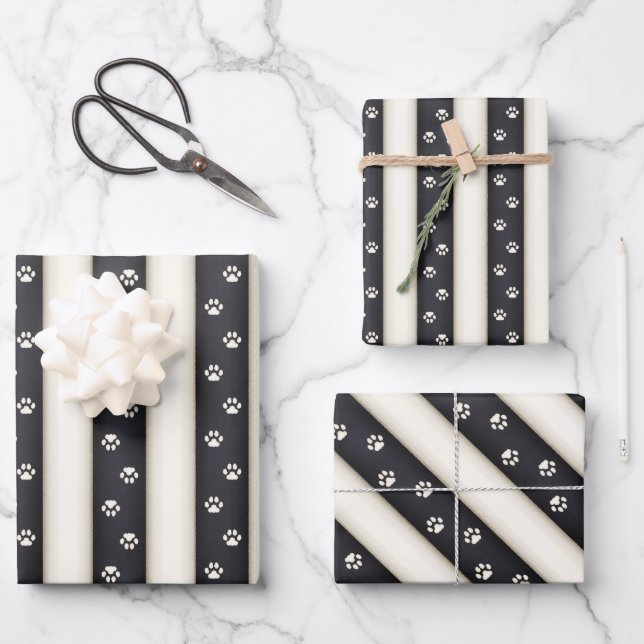 Cat Paw Prints Black & Antique White Stripes Wrapping Paper Sheets (Front)