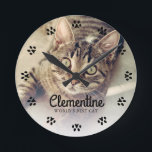 Cat Paw Prints Frame Photo Personalized Round Clock<br><div class="desc">Cats leave paw prints in your heart. 
Display your favorite cat photo with this beautiful personalized clock design perfect for the World's Best Cat Mom/Dad.</div>