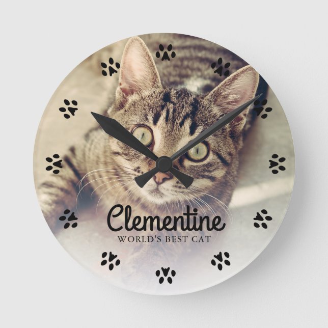 Cat Paw Prints Frame Photo Personalized Round Clock (Front)