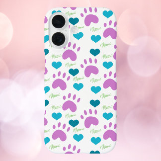 Cat Paw Prints Hearts Meow Pattern Pink Teal Green iPhone 16 Case