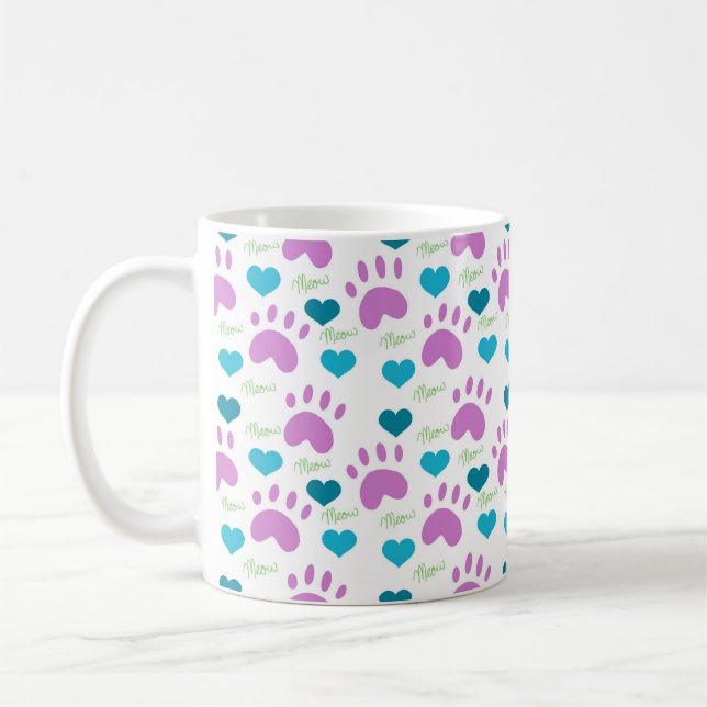 Cat Paw Prints Hearts Meow Pattern Pink Teal Green Coffee Mug (Left)