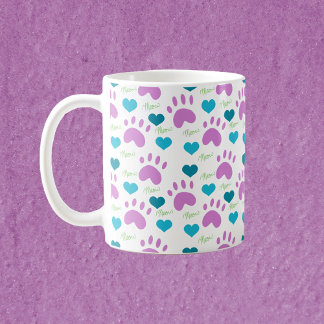 Cat Paw Prints Hearts Meow Pattern Pink Teal Green Coffee Mug