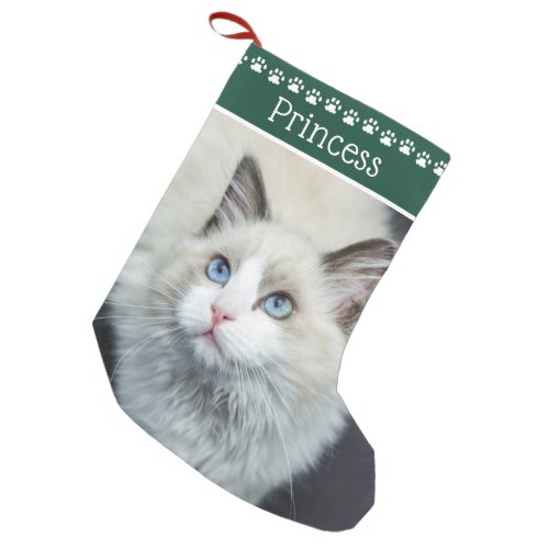 Cat Paw Prints Name Green Small Christmas Stocking