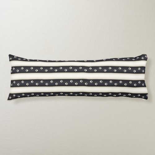 Cat Paw Prints on Black  Antique White Stripes Body Pillow