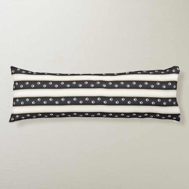 Cat Paw Prints on Black & Antique White Stripes Body Pillow (Front)