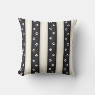 Cat Paw Prints on Black & Antique White Stripes Throw Pillow