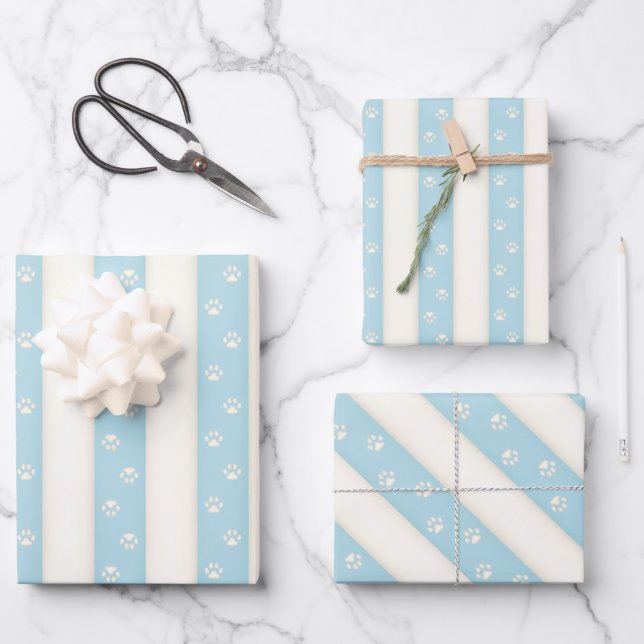 Cat Paw Prints on Pale Blue & Antique White Stripe Wrapping Paper Sheets (Front)