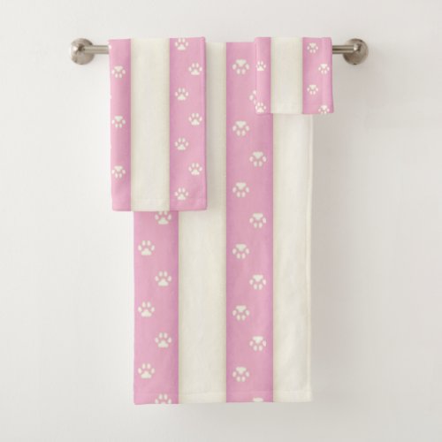 Cat Paw Prints on Pink  Antique White Stripes Bath Towel Set