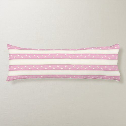Cat Paw Prints on Pink  Antique White Stripes Body Pillow