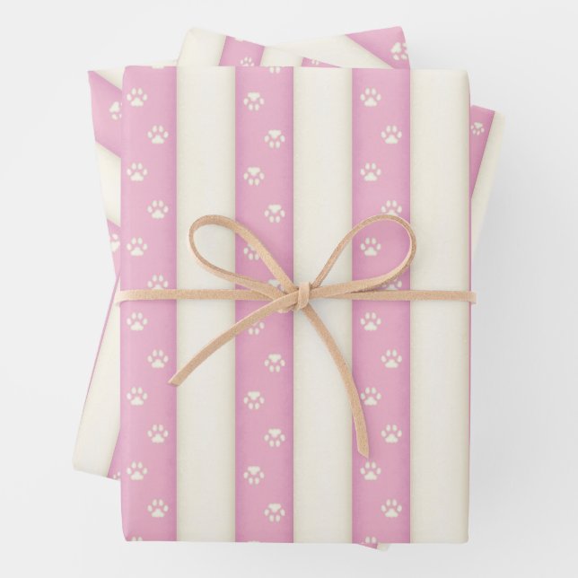 Cat Paw Prints on Pink & Antique White Stripes Wrapping Paper Sheets (In situ)