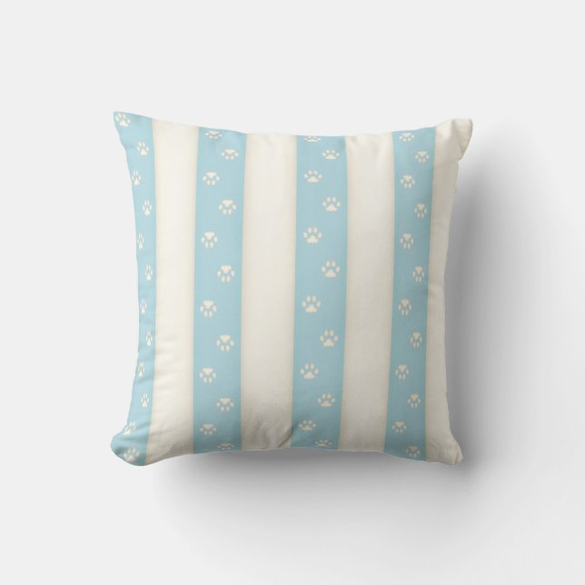 Cat Paw Prints onPale Blue & Antique White Stripes Throw Pillow (Front)