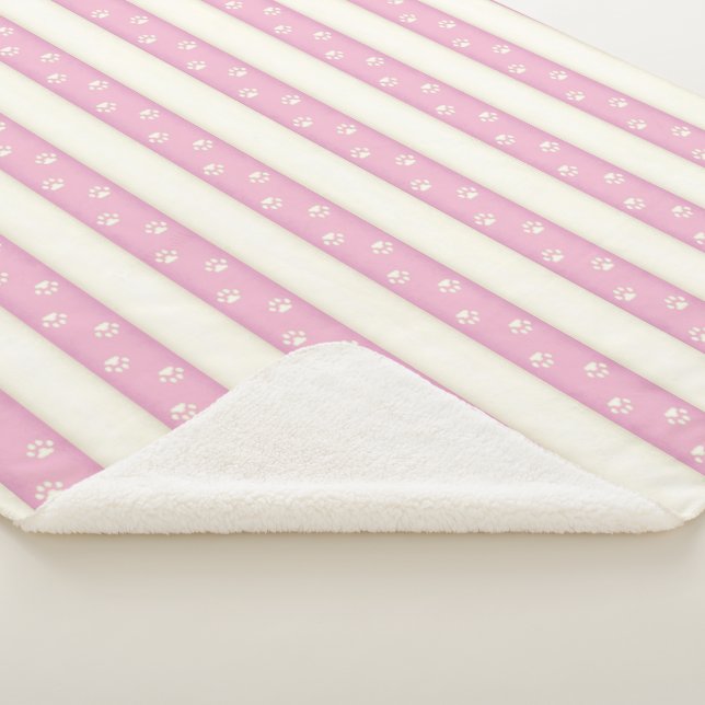 Cat Paw Prints Pink & Antique White Stripes Sherpa Sherpa Blanket (3/4)